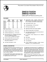 Z8673316PSC datasheet: CMOS Z8 OTP microcontroller. ROM 8 Kbytes, RAM 237 bytes, I/O 24, speed 16 MHz, 3.5 V to 5.5 V Z8673316PSC