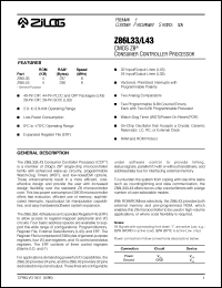 Z86L3308SSC datasheet: CMOS Z8 consumer controller processor. ROM 4 KB, RAM 237 Bytes, 2.0 V to 3.9 V Z86L3308SSC