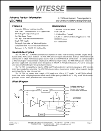 VSC7969WD1A datasheet: 3.125Gb/s integrated transimpedance and limiting amplifier with signal detect. 3.3V supply, VOUTH/VOUTP outputs VSC7969WD1A