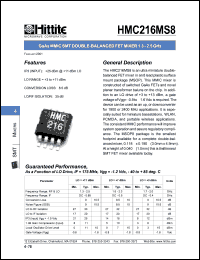 HMC216MS8 datasheet: Double- balanced fet mixer 1.3- 2.5 GHz HMC216MS8