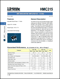 HMC315 datasheet: HBT darlington amplifier DC 7.0 GHz HMC315