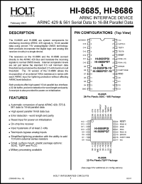 HI-8685PJT datasheet: System component for interfacing incoming ARINC 429 signals to 16-bit parallel data HI-8685PJT
