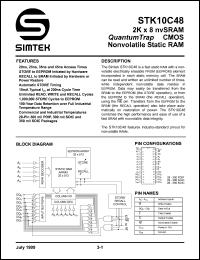 STK10C48-P25 datasheet: 2K x 8 nvSRAM CMOS nonvolatile static RAM STK10C48-P25