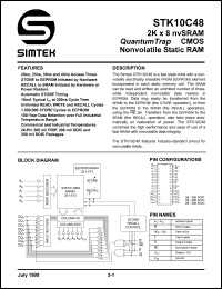 STK10C48-S20 datasheet: 2K x 8 nvSRAM CMOS nonvolatile static RAM STK10C48-S20