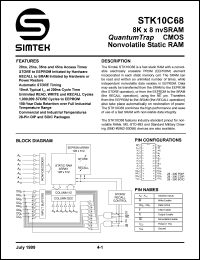 STK10C68-C45 datasheet: 8K x 8 nvSRAM CMOS nonvolatile static RAM STK10C68-C45