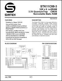 STK11C88-3W55I datasheet: 32K x 8 nvSRAM 3.3V nonvolatile static RAM STK11C88-3W55I