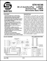 STK16C68-W45I datasheet: 8K x 8 autostore plus nvRAM quantum trap CMOS nonvolatile static RAM STK16C68-W45I