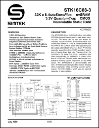 STK16C88-S55I datasheet: 32K x 8 autostore plus nvRAM 3.3V quantum trap CMOS nonvolatile static RAM STK16C88-S55I