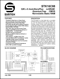 STK16C88-W35I datasheet: 32K x 8 autostore plus nvRAM quantum trap CMOS nonvolatile static RAM STK16C88-W35I