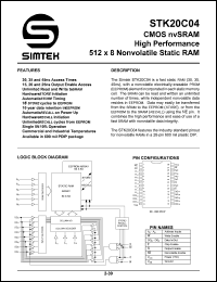 STK20C04-W45I datasheet: CMOS nvRAM high performance 512 x 8 nonvolatile static RAM STK20C04-W45I