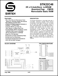 STK22C48-P25 datasheet: 2K x 2 autostore nvRAM quantum trap CMOS nonvolatile static RAM STK22C48-P25