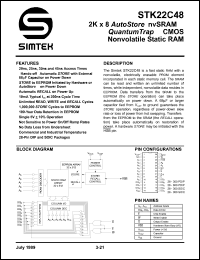 STK22C48-P35 datasheet: 2K x 2 autostore nvRAM quantum trap CMOS nonvolatile static RAM STK22C48-P35