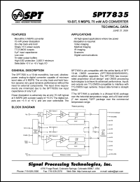 SPT7835SIS datasheet: 10-bit, 5 MSPS 75 mW A/D converter SPT7835SIS