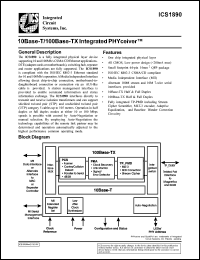 ICS1890Y-14 datasheet: 100 base-T/100 base-TX integrated PHYceiver ICS1890Y-14