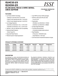 IS24C32-3GI datasheet: 400 KHz 65,536-bit/32,768-bit 2-wire serial CMOS eeprom IS24C32-3GI