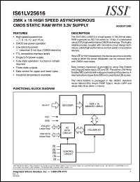 IS61LV25616-7B datasheet: 256K x 16 high speed asynchronous CMOS static RAM with 3.3v supply IS61LV25616-7B