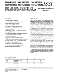 IS61NP25636-5TQI datasheet: 256K x 36 pipeline no wait state bus sram IS61NP25636-5TQI