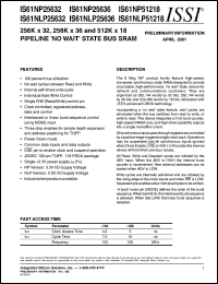 IS61NLP25636-5TQI datasheet: 256K x 36 pipeline no wait state bus sram IS61NLP25636-5TQI