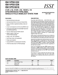 IS61VPS10018-166TQ datasheet: 1024K x 18 synchronous pipeline, single-cycle deselect  static RAM IS61VPS10018-166TQ