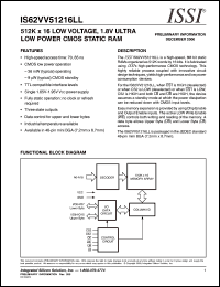 IS62VV51216LL-70M datasheet: 512K x 16 low voltage, 1.8V ultra-low power CMOS static RAM IS62VV51216LL-70M