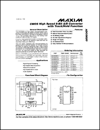 ADC0820CCM datasheet: CMOS high speed 8-bit A/D converter with track/hold function. INL(LSB) +-1. ADC0820CCM