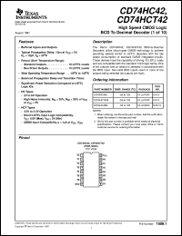 CD74HC42M datasheet:  HIGH SPEED CMOS LOGIC 1-OF-10 BCD TO DECIMAL DECODER CD74HC42M