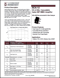 SCA-12 datasheet: DC-4 GHz, cascadable GaAs HBT MMIC amplifier. High output IP3: 35 dBm @ 850M Hz SCA-12