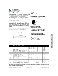 SCA-16 datasheet: DC-3 GHz, cascadable GaAs HBT MMIC amplifier. High output IP3: +28dBm SCA-16