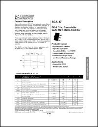 SCA-17 datasheet: DC-3 GHz, cascadable GaAs HBT MMIC amplifier. High output IP3: +23dBm. High Gain: Up to 21dB. SCA-17