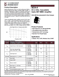 SCA-4 datasheet: DC-4 GHz, cascadable GaAs HBT MMIC amplifier. High output IP3: 33.2 dBm @ 850 MHz SCA-4