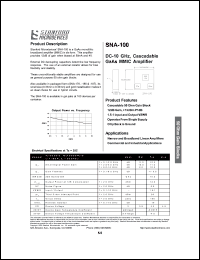 SNA-100 datasheet: DC-10 GHz, cascadable GaAs MMIC amplifier. Cascadable 50 ohm gain block. SNA-100