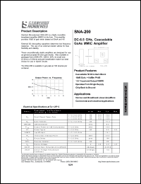 SNA-200 datasheet: DC-6.5 GHz, cascadable GaAs MMIC amplifier. Cascadable 50 ohm gain block. SNA-200