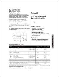 SNA-476 datasheet: DC-8 GHz, cascadable GaAs MMIC amplifier. Cascadable 50 ohm gain block. SNA-476