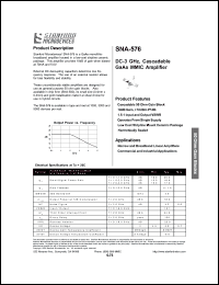 SNA-576 datasheet: DC-3 GHz, cascadable GaAs MMIC amplifier. Cascadable 50 ohm gain block. SNA-576