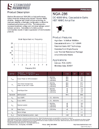 NGA-286 datasheet: DC-6000 MHz, cascadable 50 ohm (1.3:1 VSWR) GaAs HBT MMIC amplifier. High gain: 14.8 at 1950MHz. NGA-286