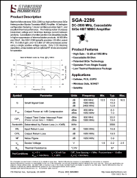 SGA-2286 datasheet: DC-3500 MHz, cascadable SIGe HBT MMIC amplifier. High gain: 14 dB at 1950 MHz. SGA-2286