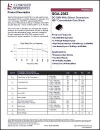 SGA-2363 datasheet: DC-2800 MHz, 2.7V, silicon germanium HBT cascadeable gain block. SGA-2363