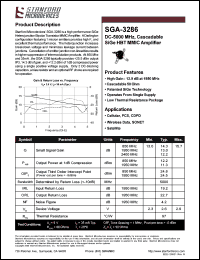 SGA-3286 datasheet: DC-5000 MHz, cascadable SIGe HBT MMIC amplifier. High gain: 12.9 dB at 1950 MHz. SGA-3286