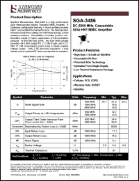 SGA-3486 datasheet: DC-5000 MHz, cascadable SIGe HBT MMIC amplifier. High gain: 18.0 dB at 1950 MHz. SGA-3486