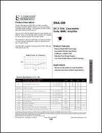 SNA-386-TR3 datasheet: DC-3 GNz cascadable GaAs HBT MMIC amplifier. 21dB gain, +23dBm TOIP. Devices per reel 5000. Reel size 13