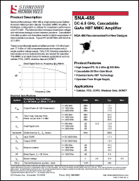 SNA-486 datasheet: DC-3 GNz cascadable GaAs HBT MMIC amplifier. High output IP3: 32.3 dBm at 850 MHz. Devices per reel 1000. Reel size 7