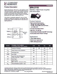 SPA-2118 datasheet: 850 MHz, 1 Watt power amplifier with active bias. SPA-2118