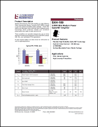 SXH-189 datasheet: 5-2000 MHz medium power GaAs HBT amplifier. High 3rd order intercept: 39 dBm typ. at 1960 MHz. SXH-189