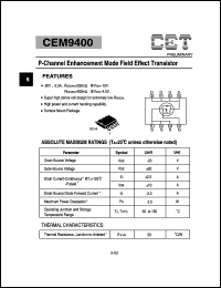 CEM9400 datasheet: 20V P-channel logic level enhancement mode field effect transistor CEM9400