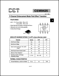 CEM9425 datasheet: 20V P-channel logic level enhancement mode field effect transistor CEM9425