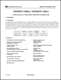 HMS87C1304A datasheet: CMOS single-chip 8-bit microcontroller. ROM size 4K bytes (OTP). RAM size 128 bytes. Operating voltage 2.0 to 5.5 V HMS87C1304A