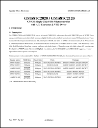 GMS81C2020 datasheet: CMOS single-chip 8-bit microcontroller with A/D converter and VFD driver. ROM size 20K bytes, RAM size 448 bytes GMS81C2020