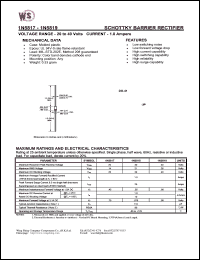 1N5819 datasheet: Schottky barrier rectifier. Max recurrent peak reverse voltage 40V. Max RMS voltage 21V. Max DC blocking voltage 40V. Current 1.0A 1N5819