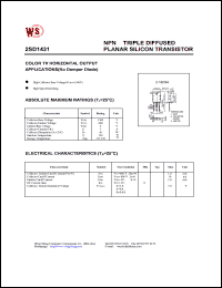 2SD1431 datasheet: NPN tripple diffused planar silicin transistor. Color TV horizontal output applications(no damper diode) 2SD1431