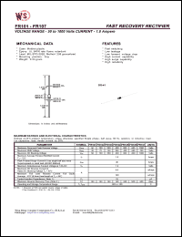 FR101 datasheet: Fast recovery rectifier. Current 1.0A. Maximum recurrent peak reverse voltage 50V. Maximum RMS voltage 35V. Maximum DC blocking voltage 50V. FR101